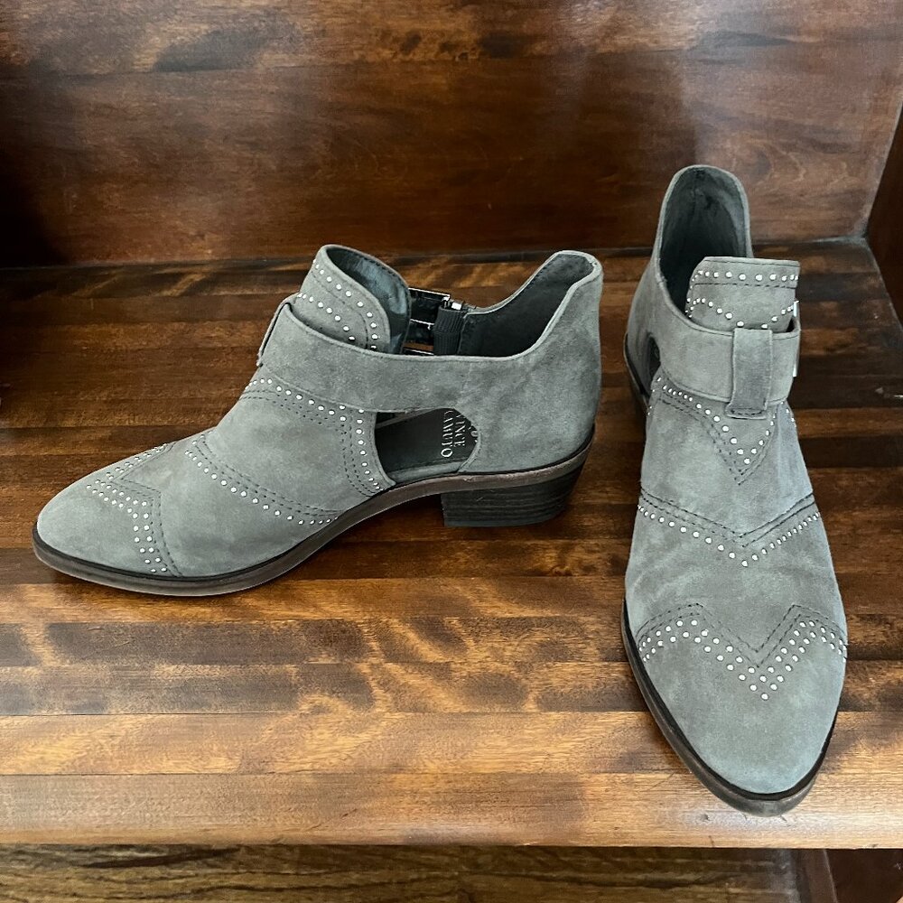 Vince Camuto Grey Suede Raina Studded Buckled Booties Women's Edgy Boho 6M